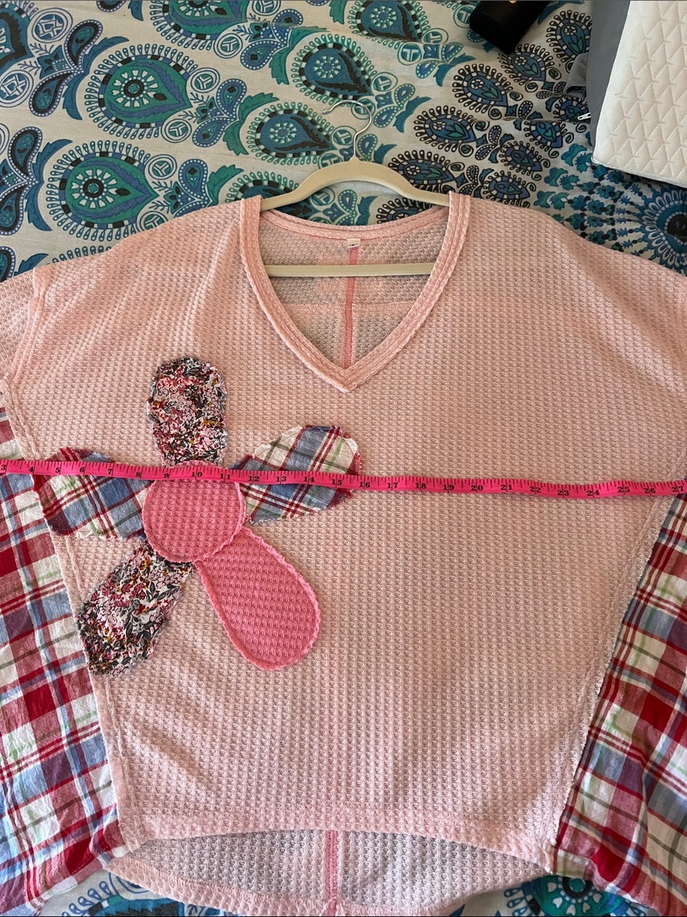 Pink Patchwork Floral Plaid V-Neck Top - Picture 5 of 8